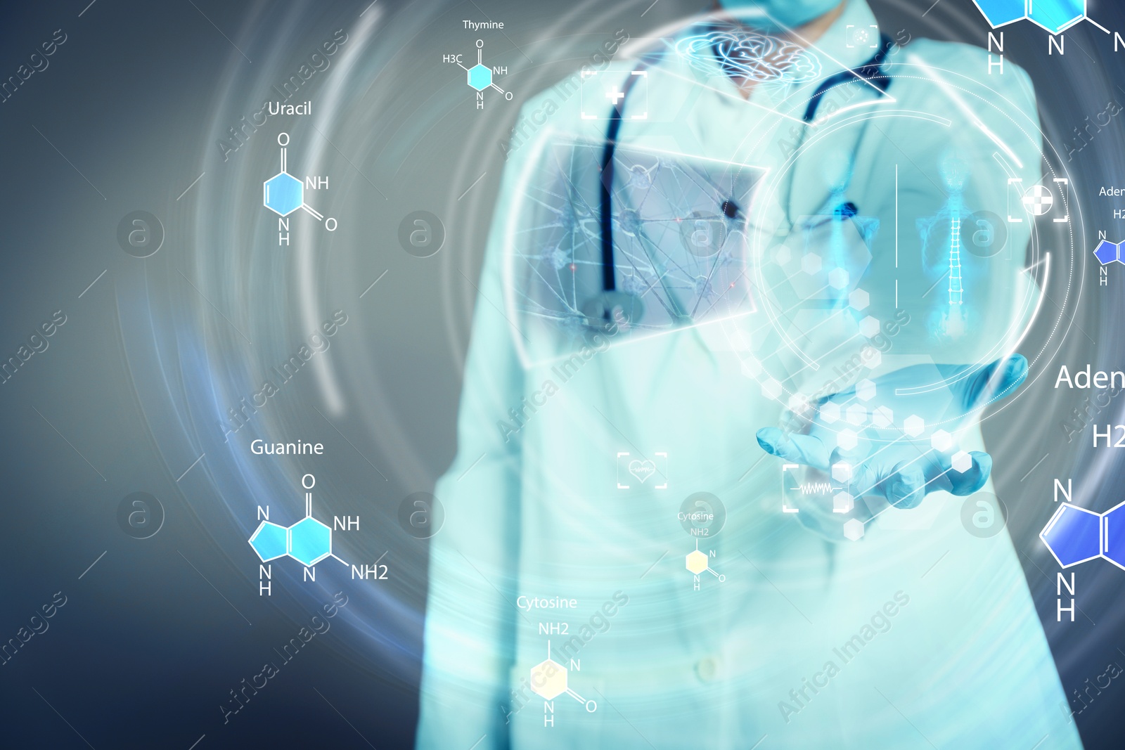 Image of Medical technology. Doctor holding virtual DNA, closeup. Different molecules' structures, illustration of neural network