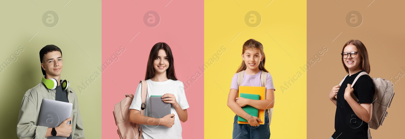 Image of Happy teenagers, collage of portraits on different colors backgrounds