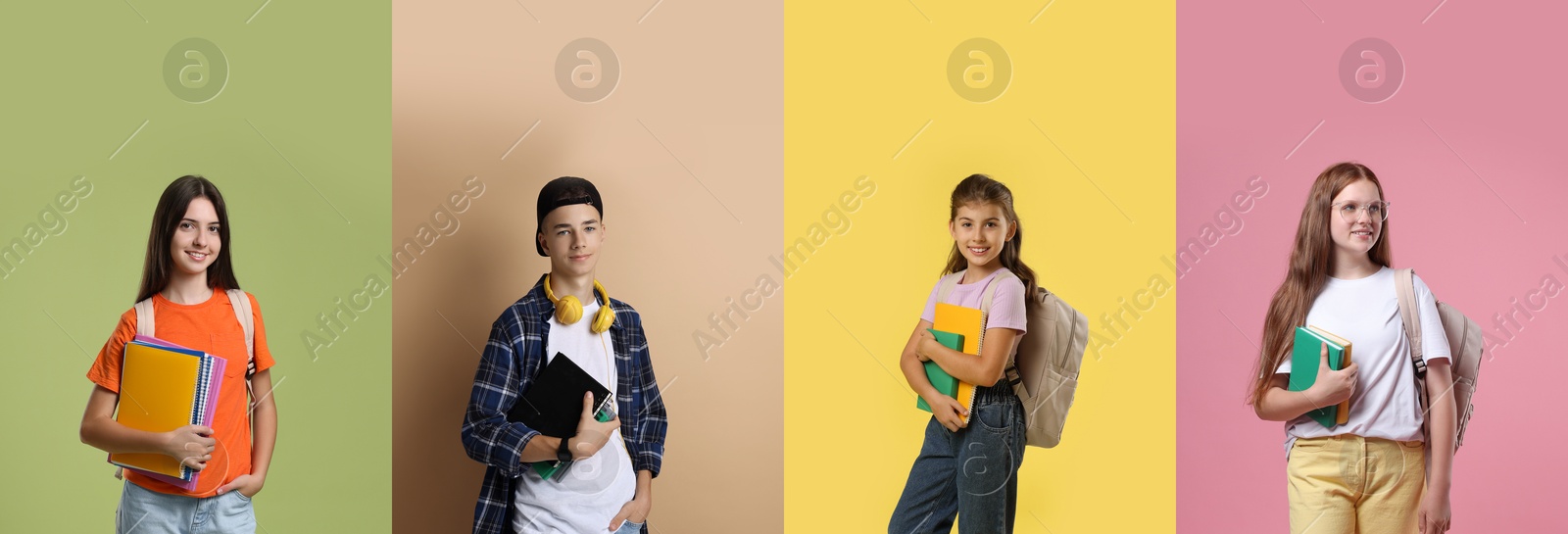 Image of Happy teenagers, collage of portraits on different colors backgrounds