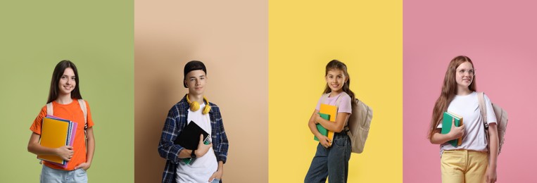 Image of Happy teenagers, collage of portraits on different colors backgrounds