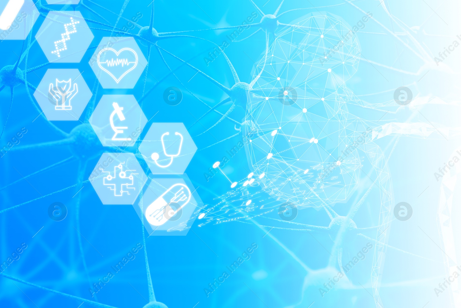 Image of Medical technology. Different healthcare icons, kidney and neural network on blue gradient background, illustration