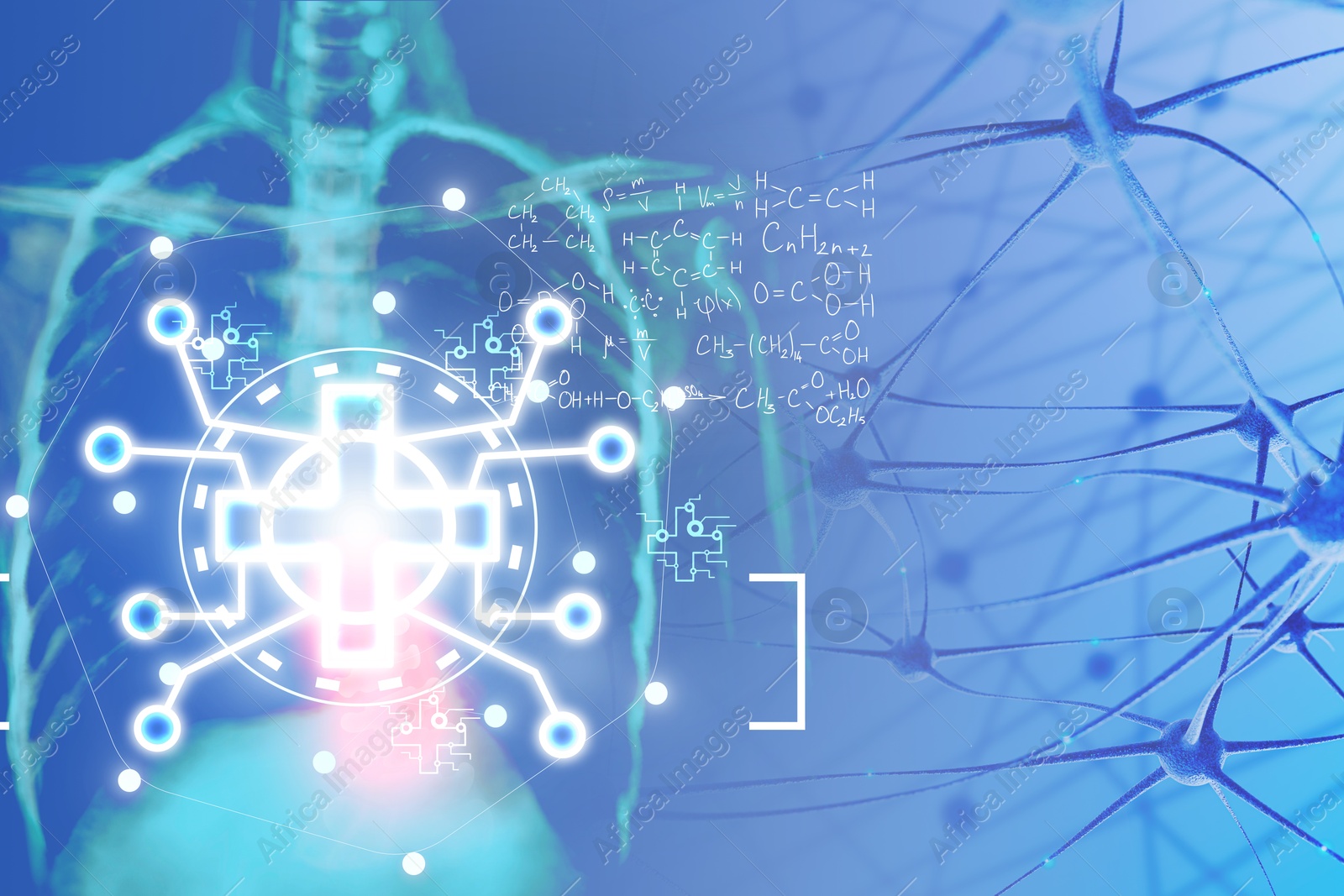 Image of Medical technology. Scheme with icon, chemical formulas, human skeleton and neural network, illustration