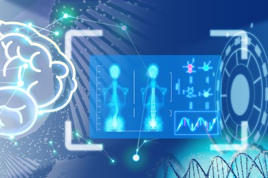 Image of Medical technology. Human skeleton x-ray, molecules' structures, DNA and brain on blue gradient background, illustration