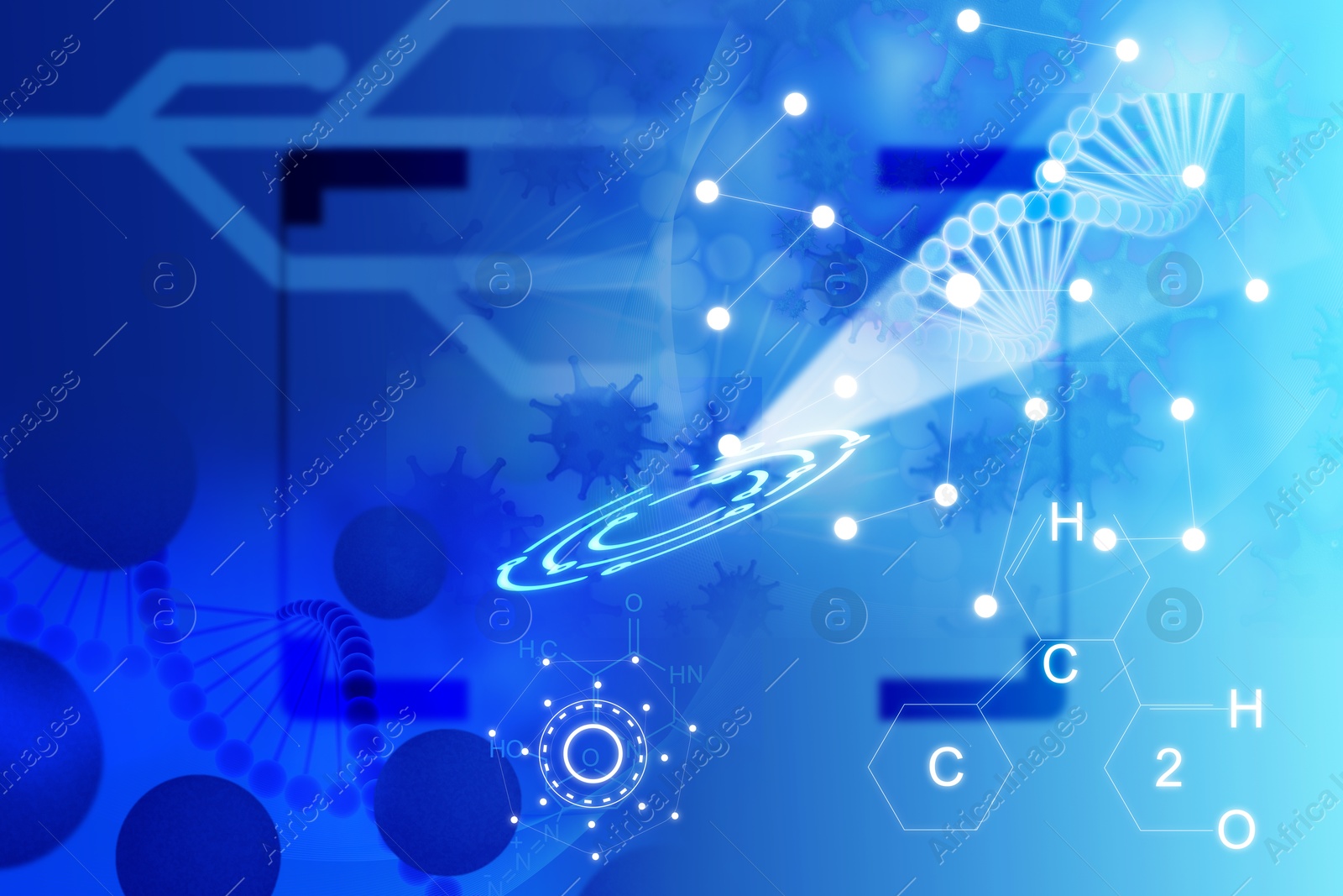 Image of Medical technology. Chemical formula, DNA and virus on blue gradient background, illustration