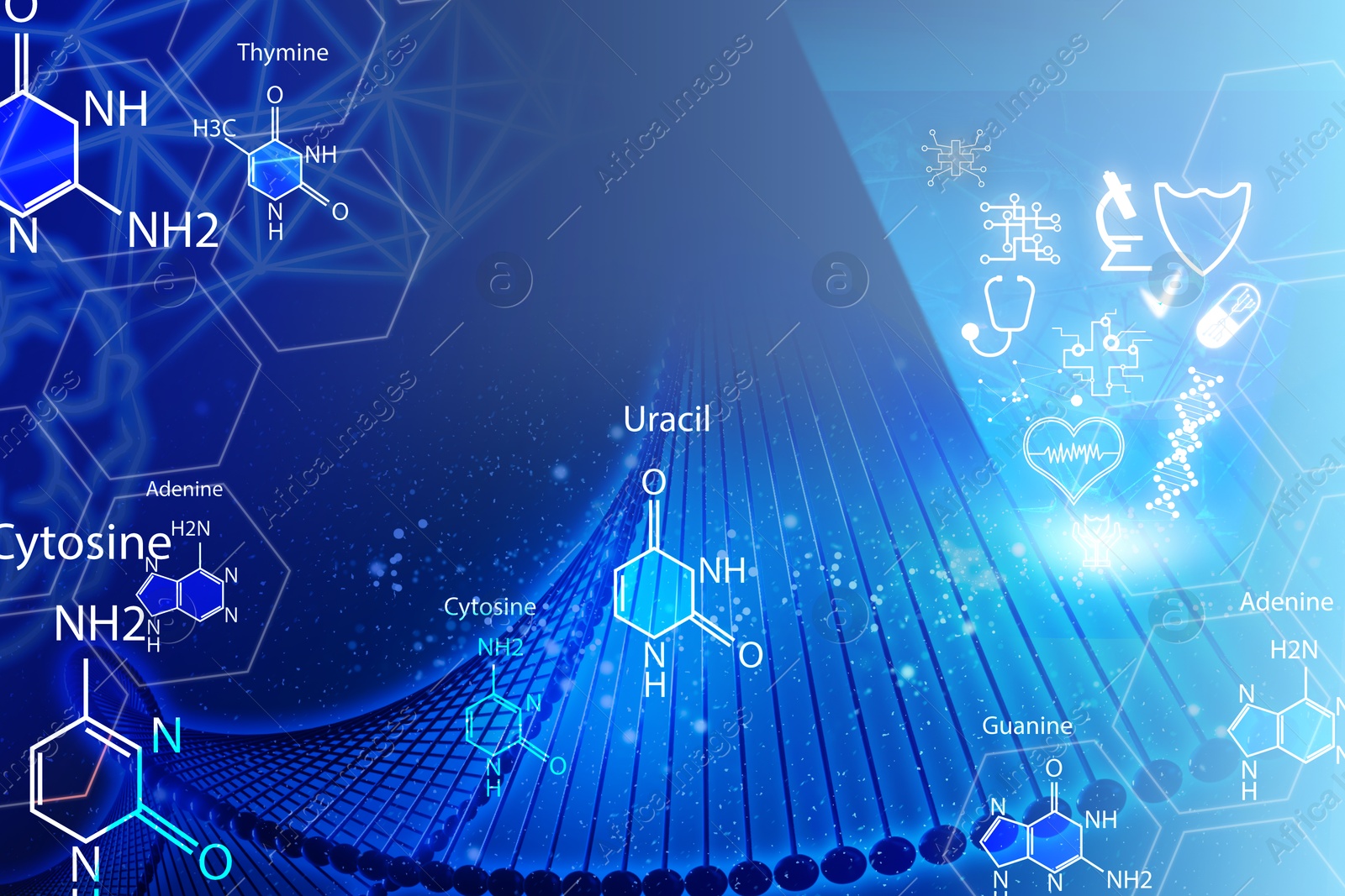 Image of Medical technology. Different healthcare icons, molecules' structures and DNA on grey background, illustration