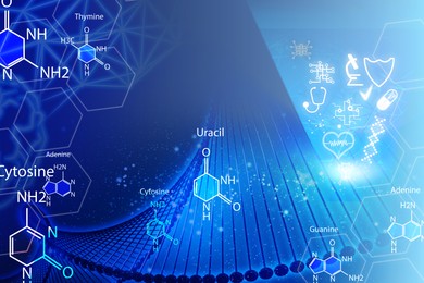 Image of Medical technology. Different healthcare icons, molecules' structures and DNA on grey background, illustration