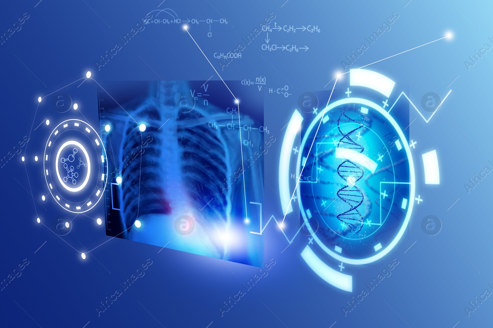 Image of Medical technology. Human skeleton x-ray, DNA and chemical formulas on blue gradient background, illustration