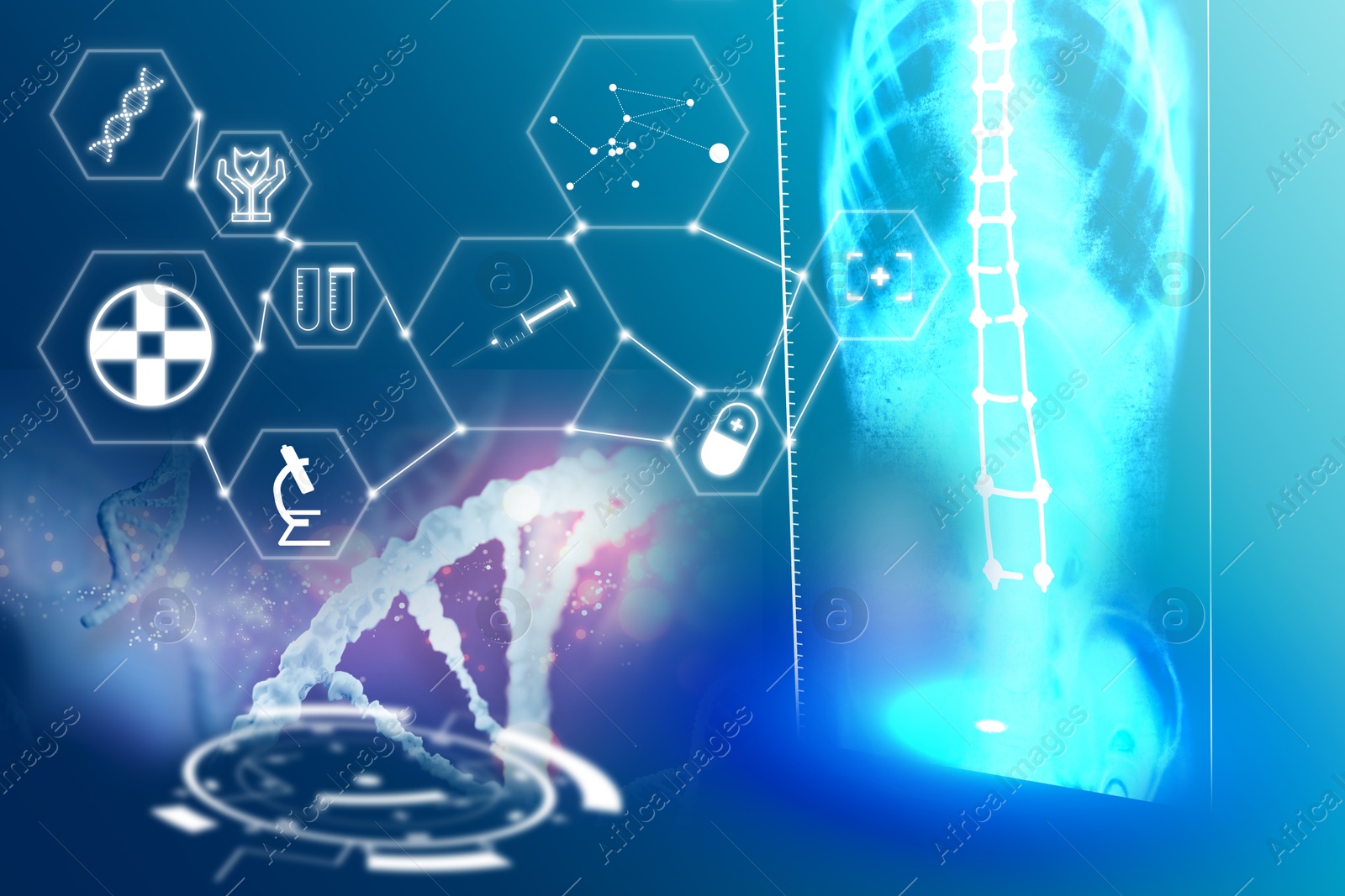 Image of Medical technology. Different healthcare icons, human skeleton x-ray and DNA on blue gradient background, illustration