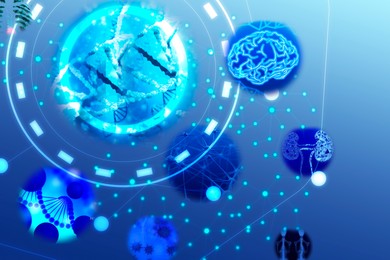 Image of Medical technology. DNA, human brain, kidneys, virus, skeleton x-ray and neural network on blue gradient background, illustration