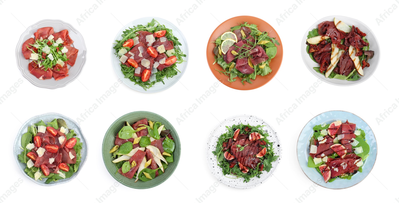 Image of Delicious salads with bresaola isolated on white, set. Top view