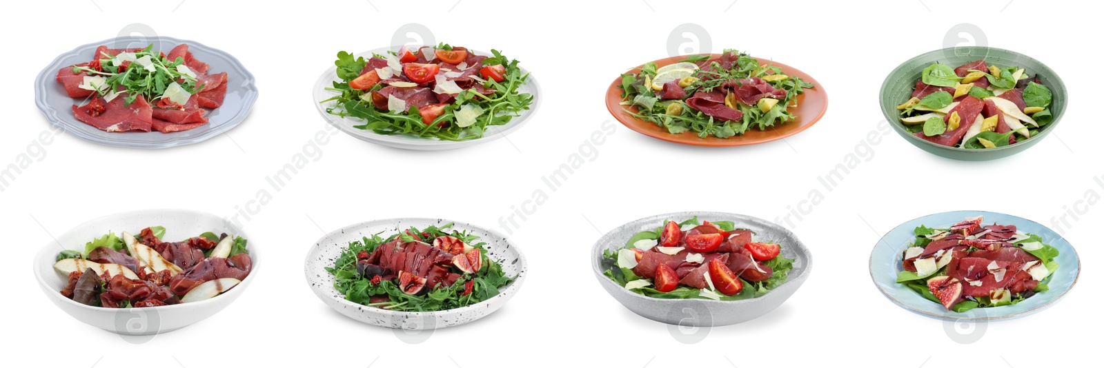 Image of Delicious salads with bresaola isolated on white, set