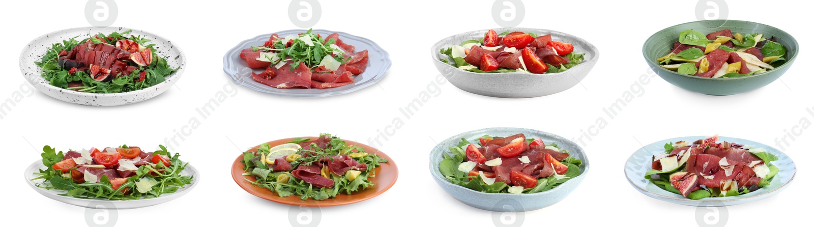 Image of Delicious salads with bresaola isolated on white, set