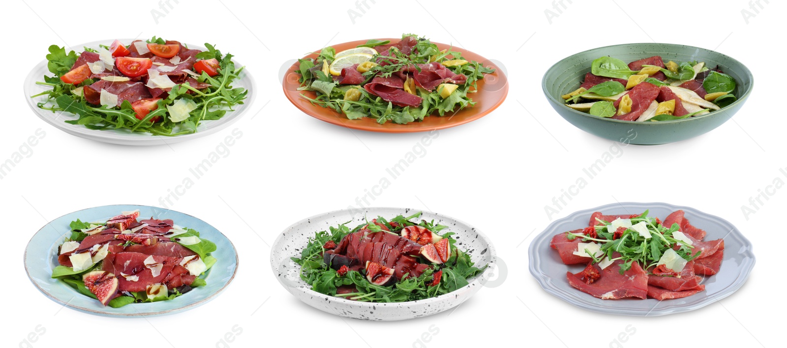 Image of Delicious salads with bresaola isolated on white, set