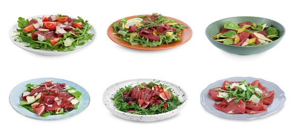 Image of Delicious salads with bresaola isolated on white, set