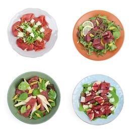 Image of Delicious salads with bresaola isolated on white, set. Top view