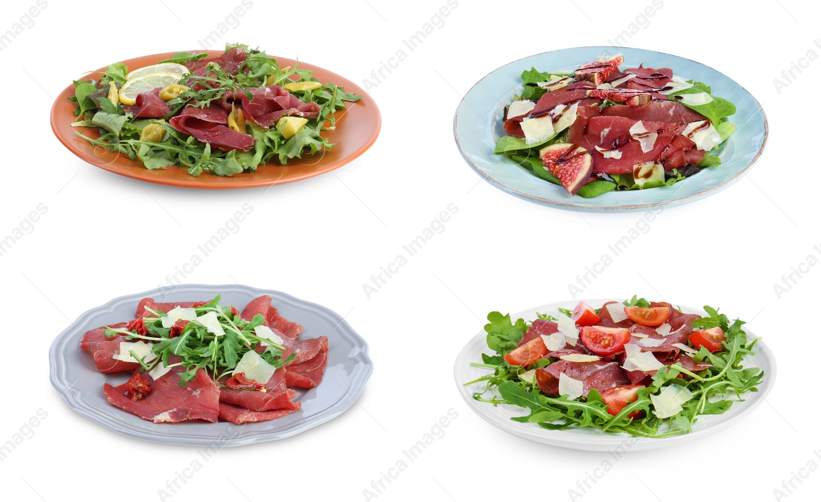 Image of Delicious salads with bresaola isolated on white, set