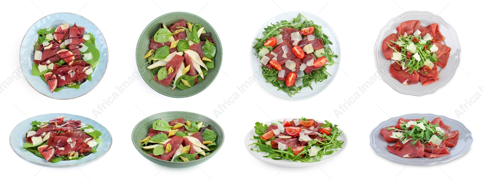 Image of Delicious salads with bresaola isolated on white, collage. Top and side views