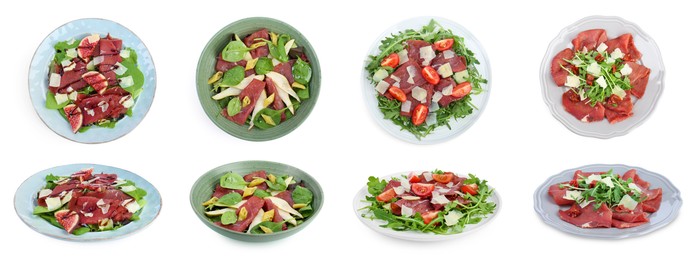 Image of Delicious salads with bresaola isolated on white, collage. Top and side views