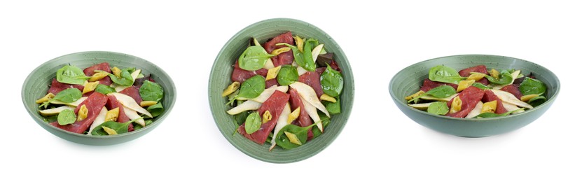 Image of Delicious bresaola salad isolated on white, collage. Top and side views