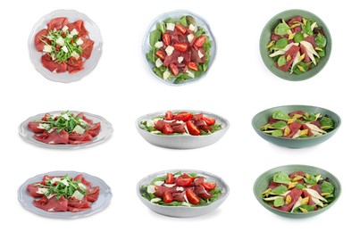 Image of Delicious salads with bresaola isolated on white, collage. Top and side views