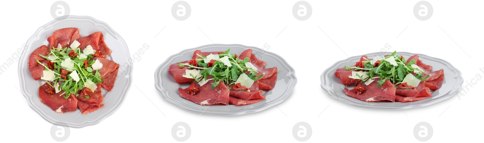 Image of Delicious bresaola salad isolated on white, collage. Top and side views