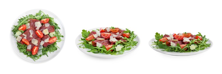 Image of Delicious bresaola salad isolated on white, collage. Top and side views