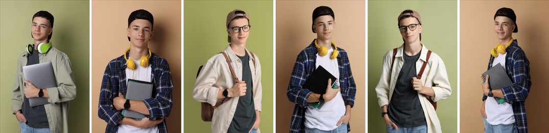 Image of Teen boy, collage of portraits on different colors backgrounds