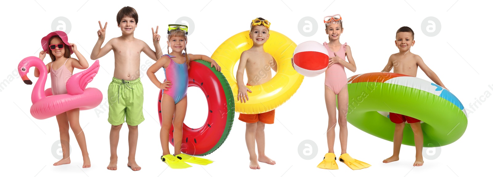 Image of Happy children in swimwear with beach items on white background