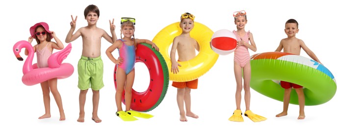 Happy children in swimwear with beach items on white background