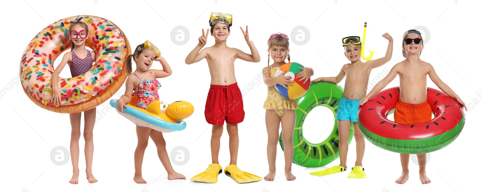 Image of Happy children in swimwear with beach items on white background