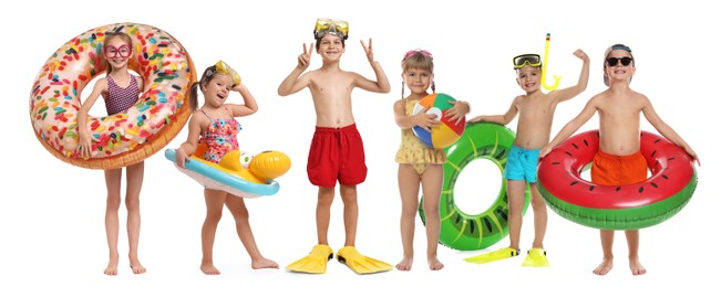 Image of Happy children in swimwear with beach items on white background