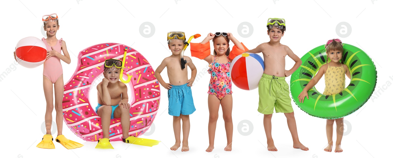 Image of Happy children in swimwear with beach items on white background