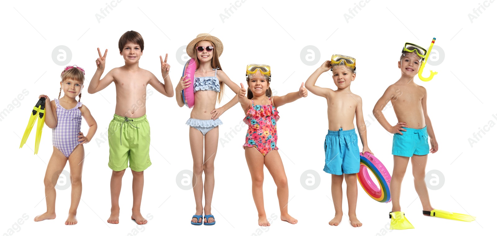 Image of Happy children in swimwear with beach items on white background