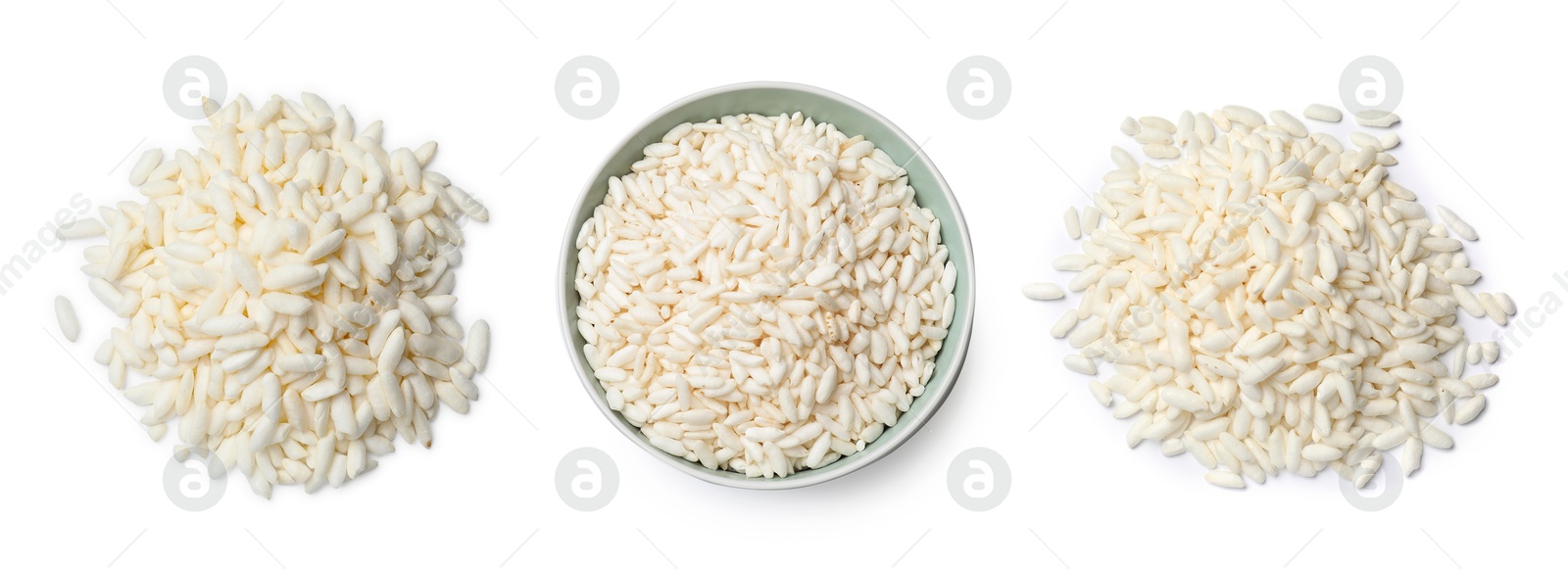 Image of Puffed rice isolated on white, set. Top view