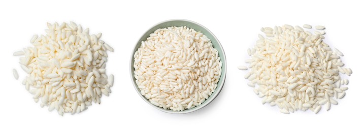 Image of Puffed rice isolated on white, set. Top view