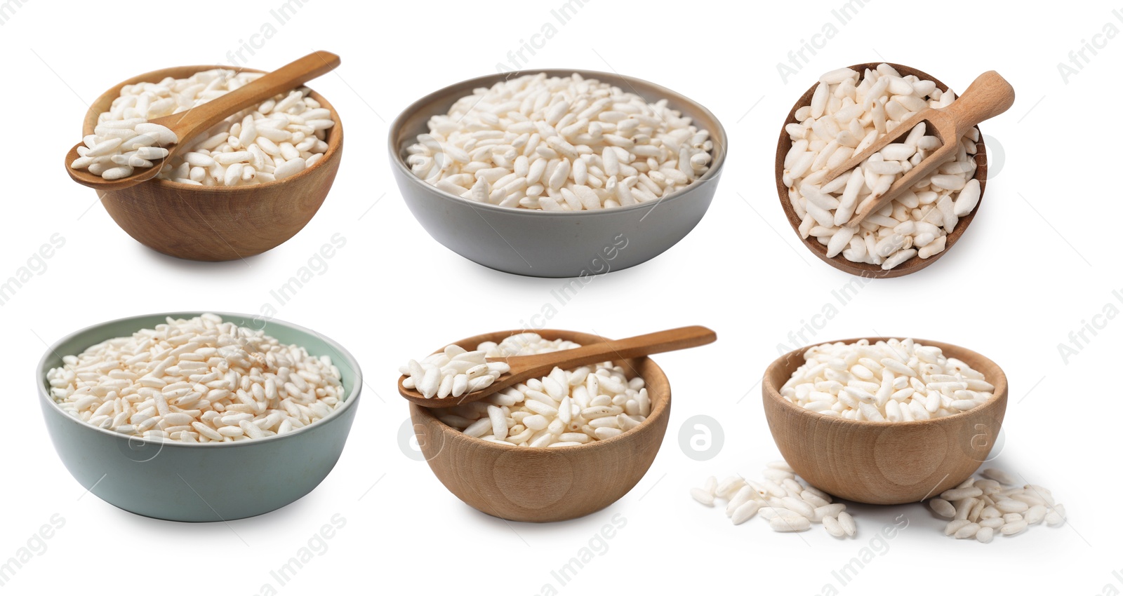 Image of Crispy puffed rice in bowls isolated on white, set