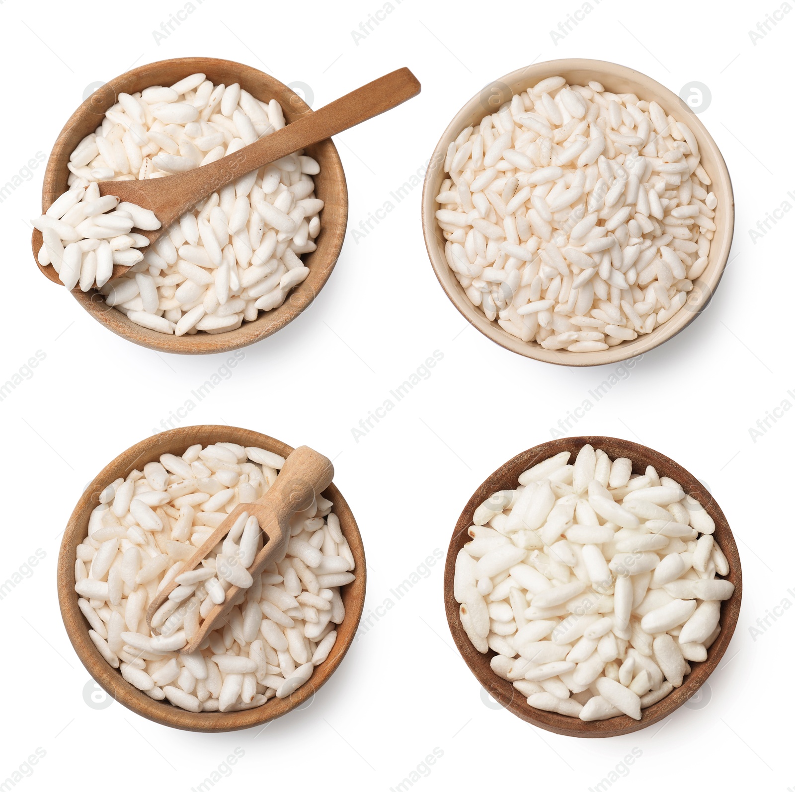 Image of Crispy puffed rice in bowls isolated on white, set. Top view