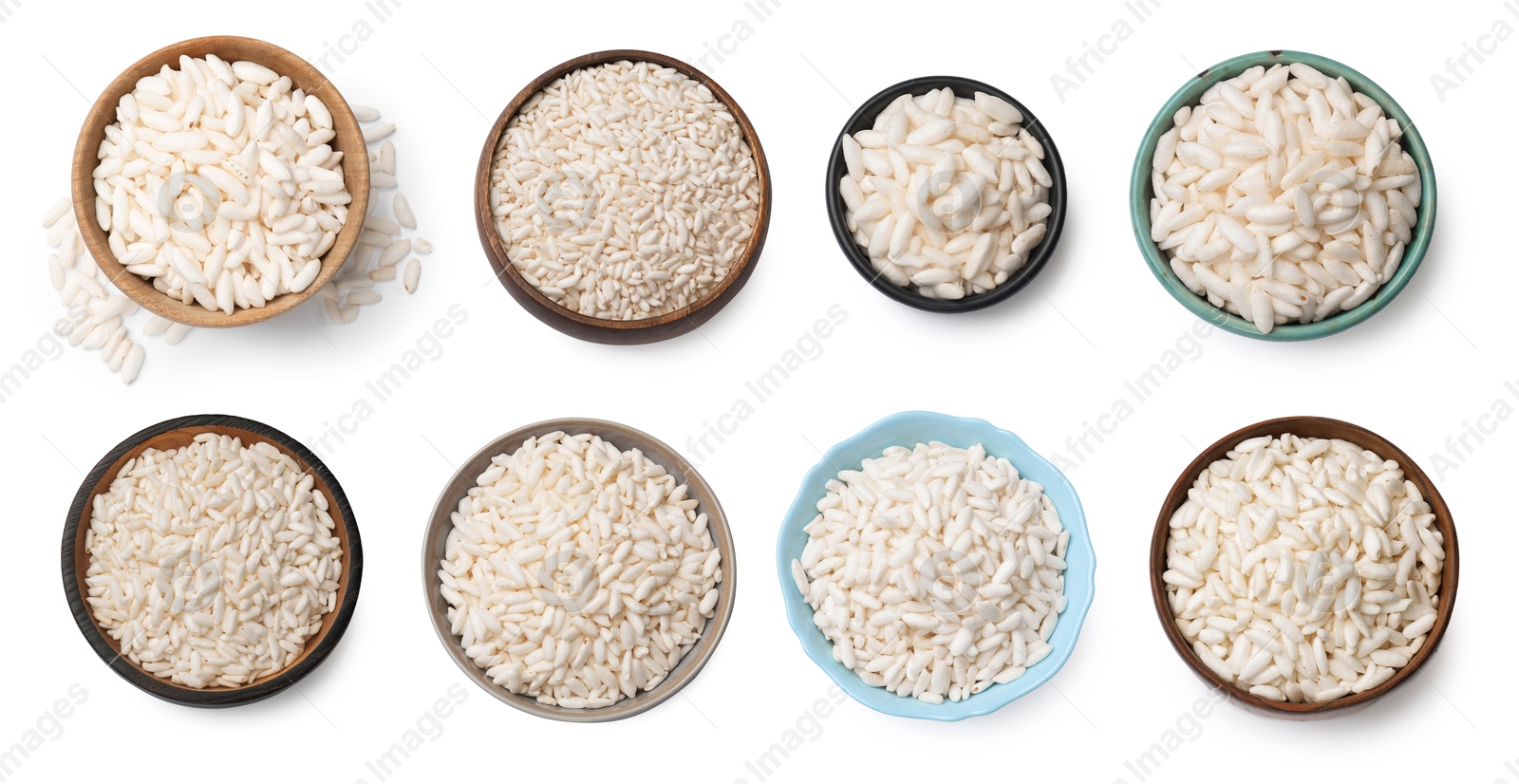 Image of Crispy puffed rice in bowls isolated on white, set. Top view