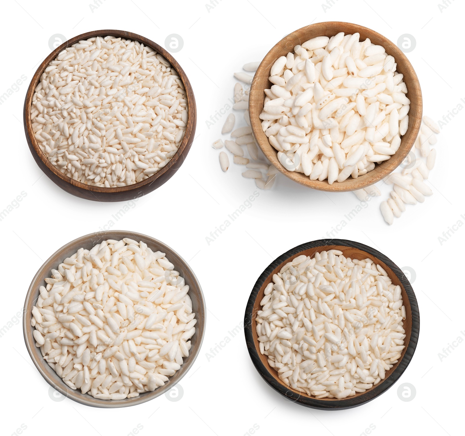 Image of Crispy puffed rice in bowls isolated on white, set. Top view