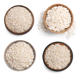 Image of Crispy puffed rice in bowls isolated on white, set. Top view