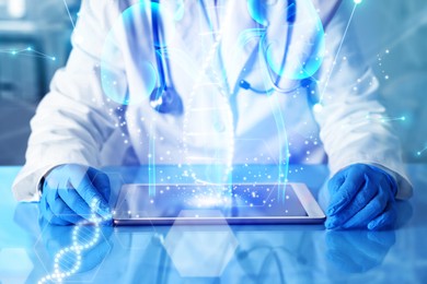 Image of Medical technology. Doctor using tablet, closeup. Illustration of kidneys and DNA