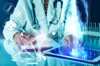 Image of Medical technology. Doctor working with tablet, closeup. Human skeleton x-ray, different icons and illustration of DNA