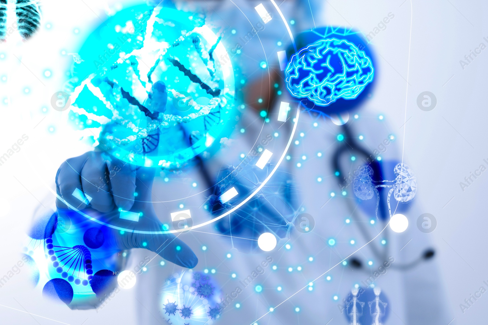 Image of Medical technology. Doctor using virtual screen, closeup. Illustration of brain, kidneys, human skeleton and DNA