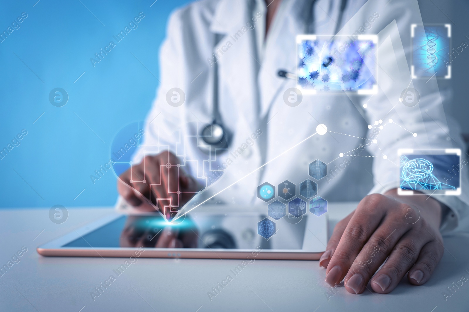 Image of Medical technology. Doctor using tablet, closeup. Different icons, illustration of virus, DNA and human brain