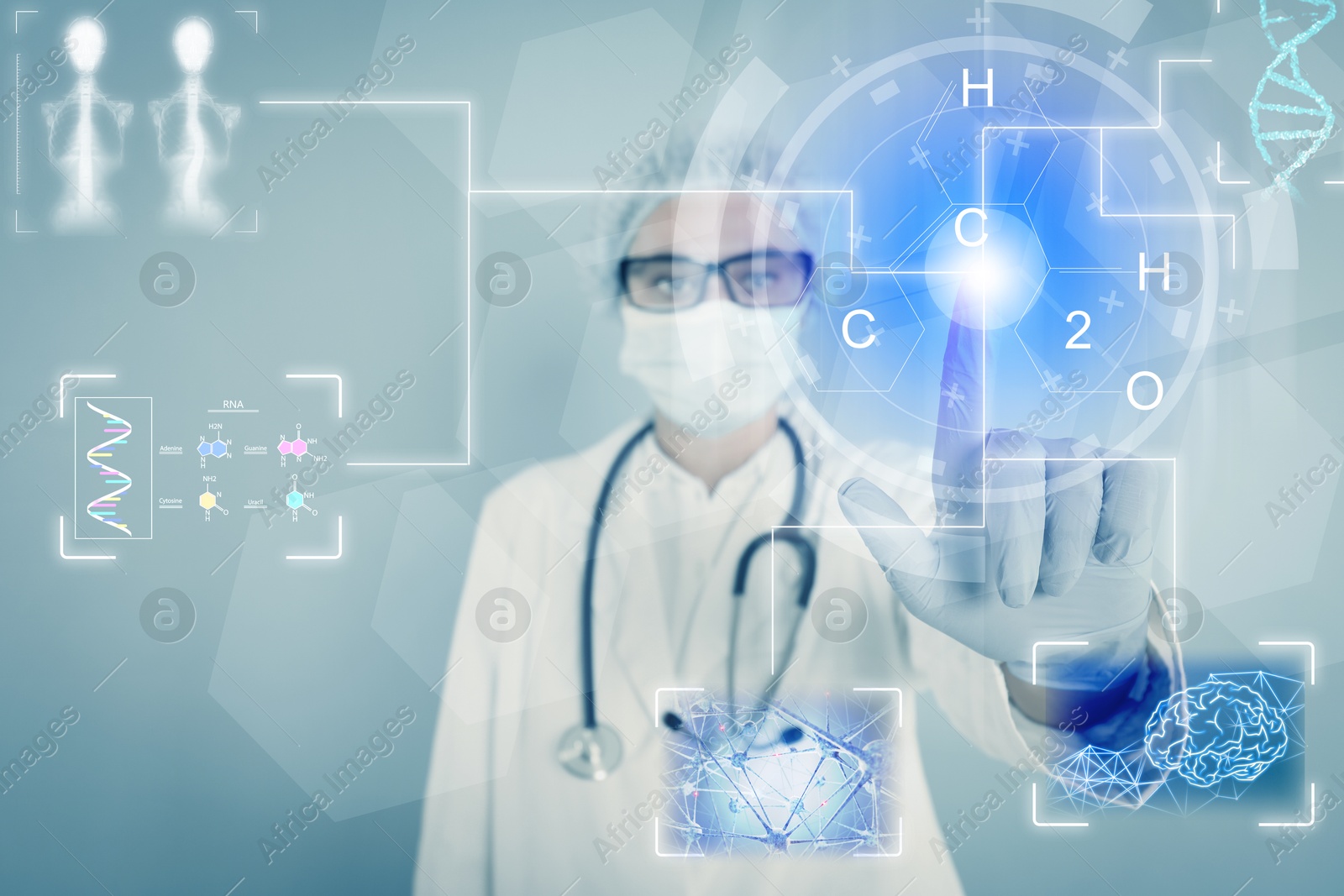 Image of Medical technology. Doctor using virtual screen with different digital elements