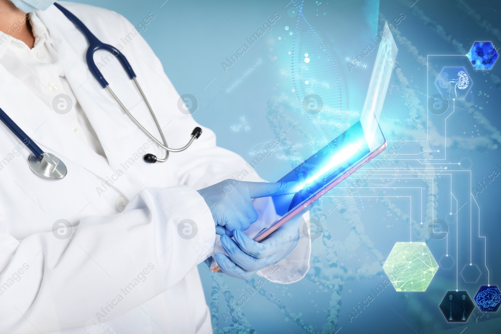 Image of Medical technology. Doctor using tablet, closeup. Scheme with different icons