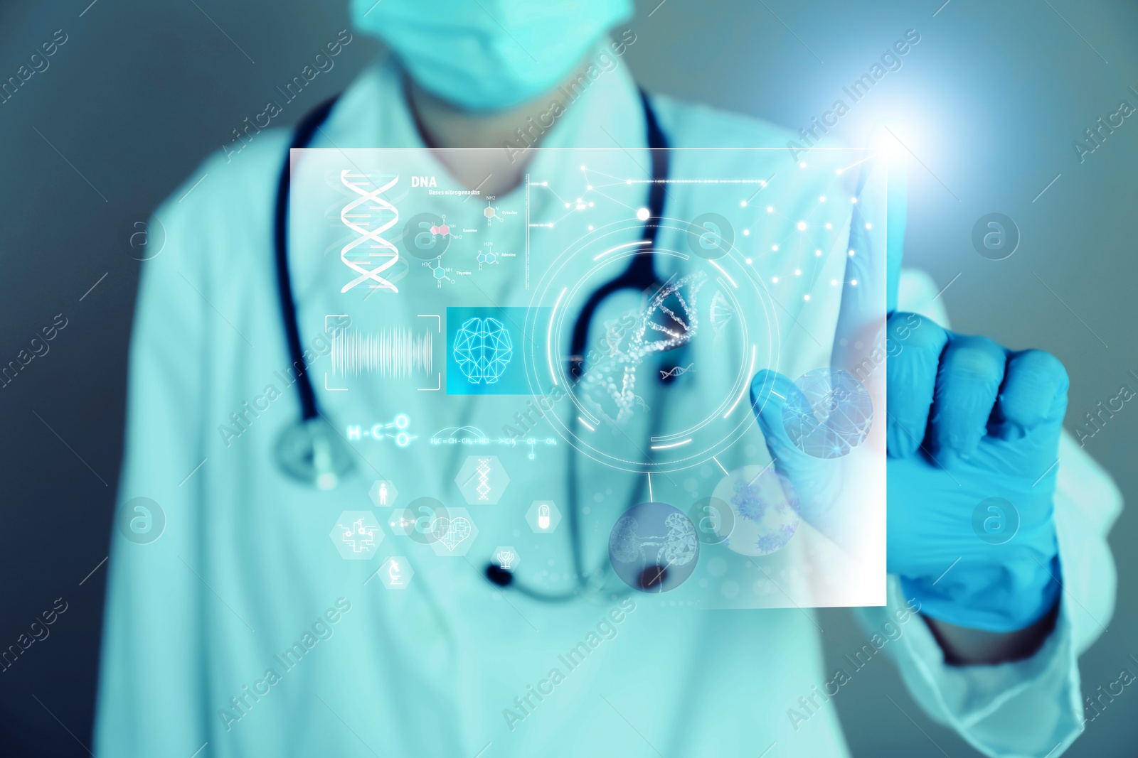 Image of Medical technology. Doctor using virtual screen, closeup. Different digital healthcare elements