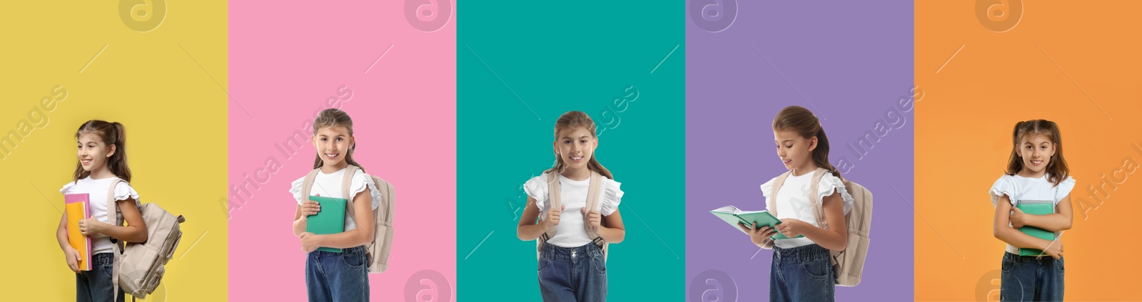 Image of Cute girl, collage of portraits on different colors backgrounds