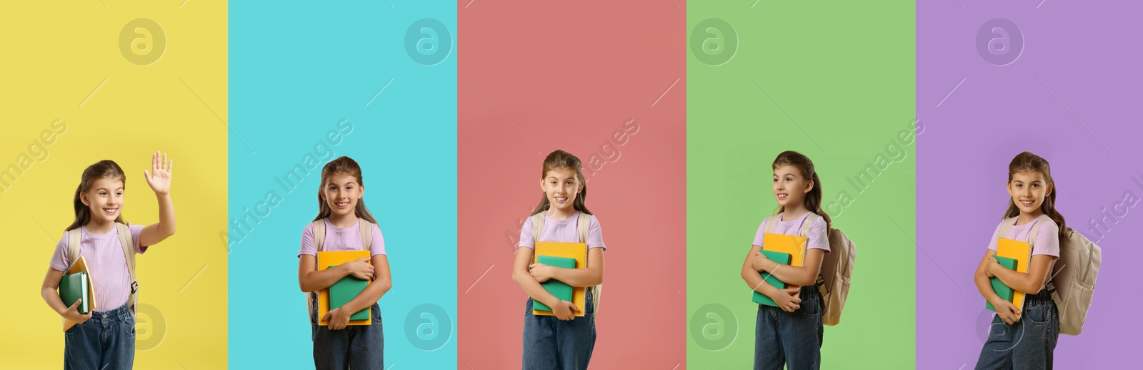 Image of Cute girl, collage of portraits on different colors backgrounds