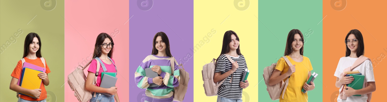 Image of Teen girl, collage of portraits on different colors backgrounds